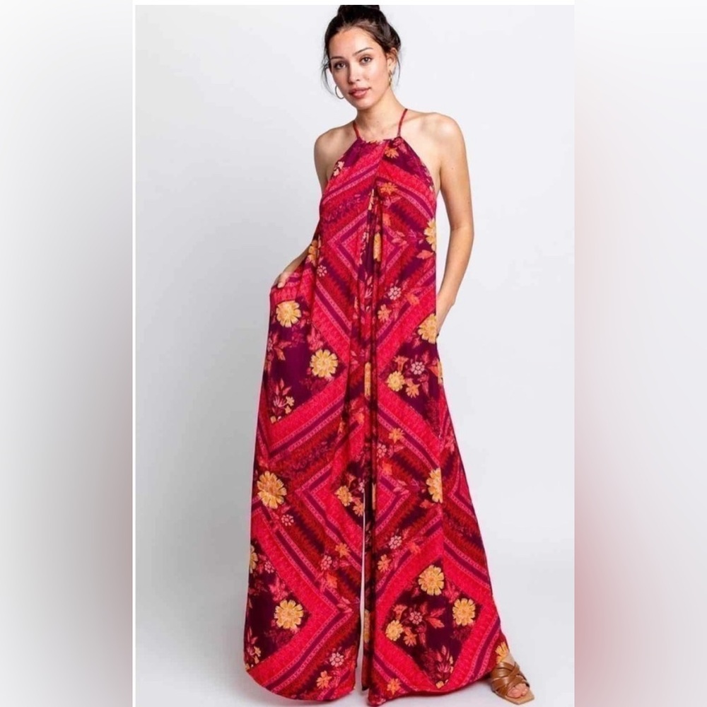 Free People Luca Floral Halter Neck Wide Leg Jumpsuit Size Extra Small